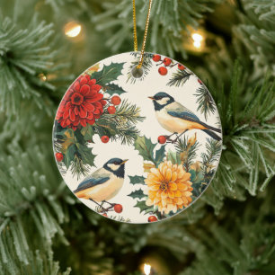 Rustic Bird and Poinsettia Christmas Pattern (9) Ceramic Ornament