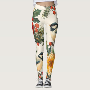 Rustic Bird and Poinsettia Christmas Pattern (9) Leggings