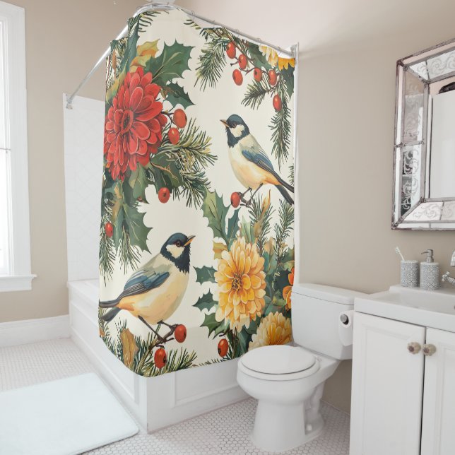 Rustic Bird and Poinsettia Christmas Pattern (9) Shower Curtain (In Situ)