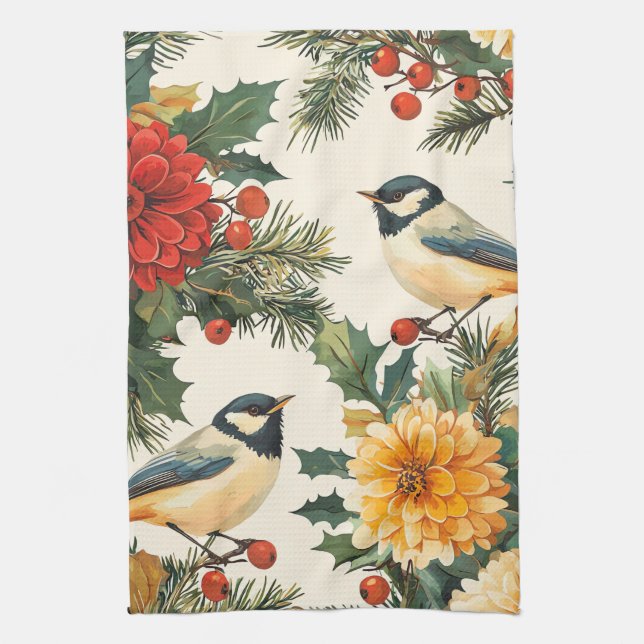 Rustic Bird and Poinsettia Christmas Pattern (9) Tea Towel (Vertical)