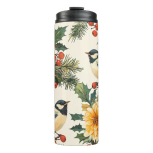 Rustic Bird and Poinsettia Christmas Pattern (9) Thermal Tumbler