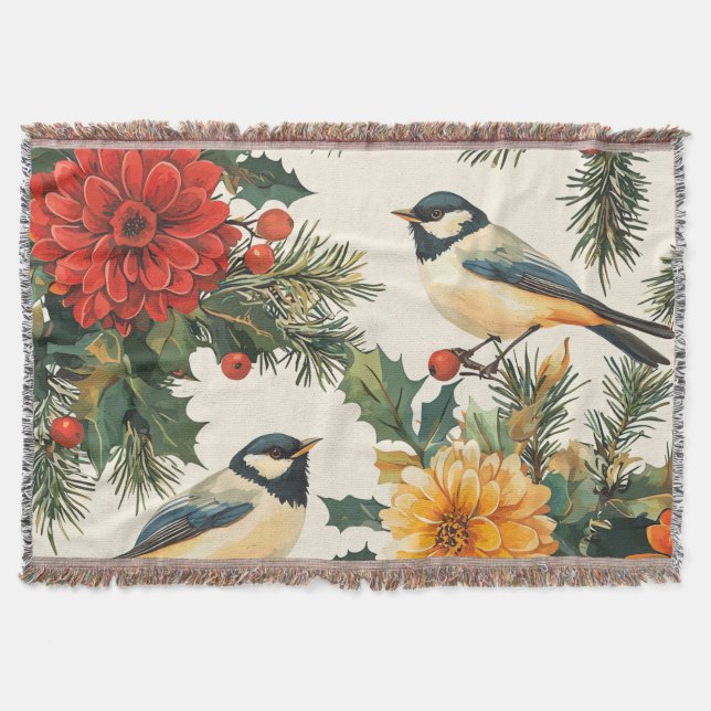 Rustic Bird and Poinsettia Christmas Pattern (9) Throw Blanket (Front)