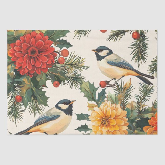 Rustic Bird and Poinsettia Christmas Pattern (9) Tissue Paper (Front)