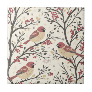 Rustic Bird and Poinsettia Christmas Pattern Ceramic Tile