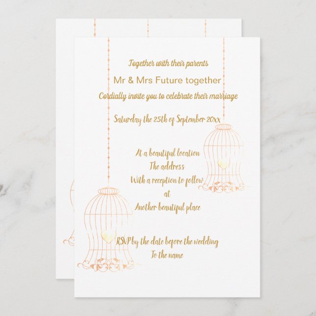 RUSTIC BIRDCAGE WHITE GOLD CHALKBOARD WEDDING INVITATION (Front/Back)