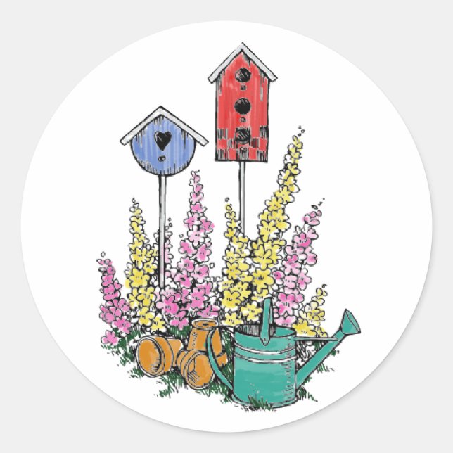 Rustic Birdhouse Garden Watercolor Sketch Classic Round Sticker (Front)