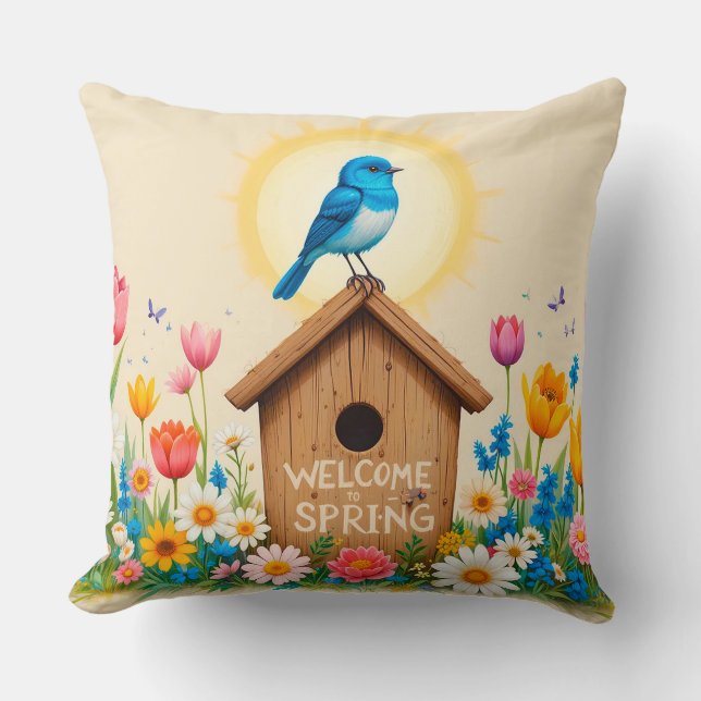 Rustic Birdhouse with Blossoms and Nature Inspired Cushion (Front)