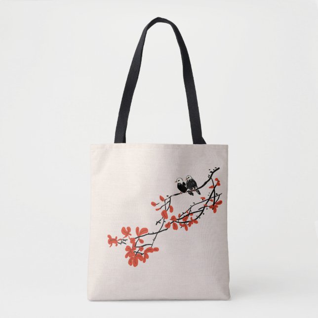Rustic Birds on Tree Branch With Red Leaves Tote B (Front)