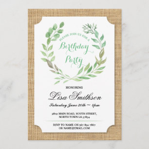 Rustic Birthday Party Burlap Leaves Wreath Invite