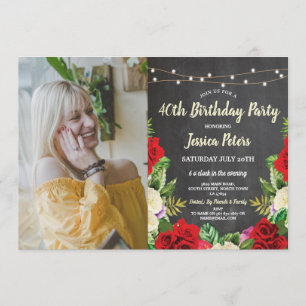 Rustic Birthday Party Chalk Red Roses Flower Photo Invitation