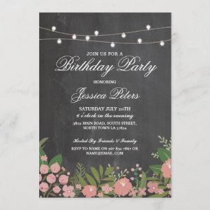 Rustic Birthday Party Coral Floral Chalk Invite