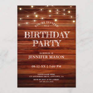 Rustic Birthday Party   Wood & String Lights Invitation
