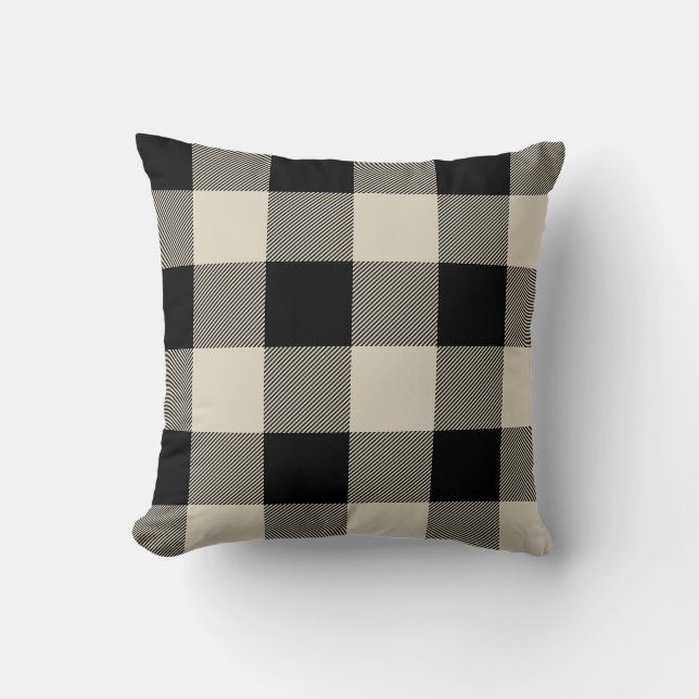 Rustic Black and Beige Buffalo Check Plaid Cushion (Front)