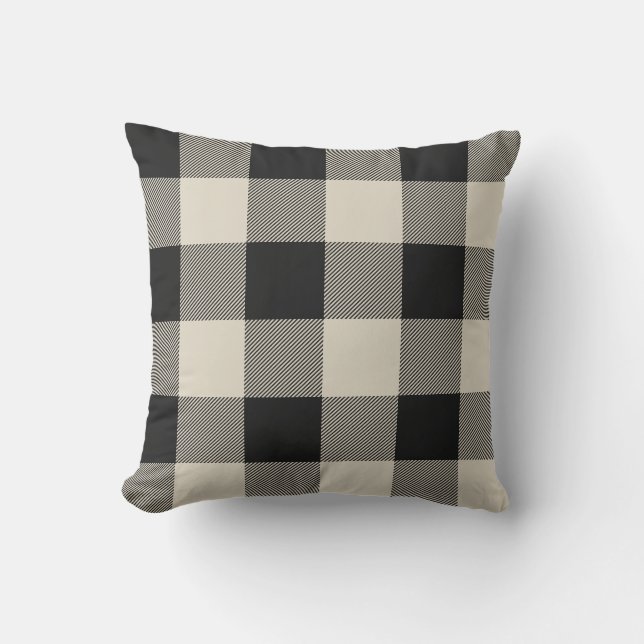 Rustic Black and Beige Buffalo Check Plaid Outdoor Cushion (Front)
