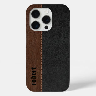 Rustic Black And Brown Leather Mononogram iPhone 15 Pro Case