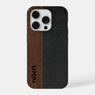 Rustic Black And Brown Leather Mononogram iPhone 15 Pro Case