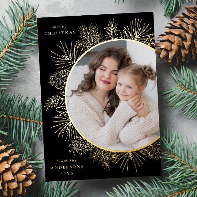 Rustic Black and Gold Pinecones Photo Foil Holiday Card (Creator Uploaded)