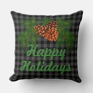 Rustic black and grey plaid pine cone - holiday cushion