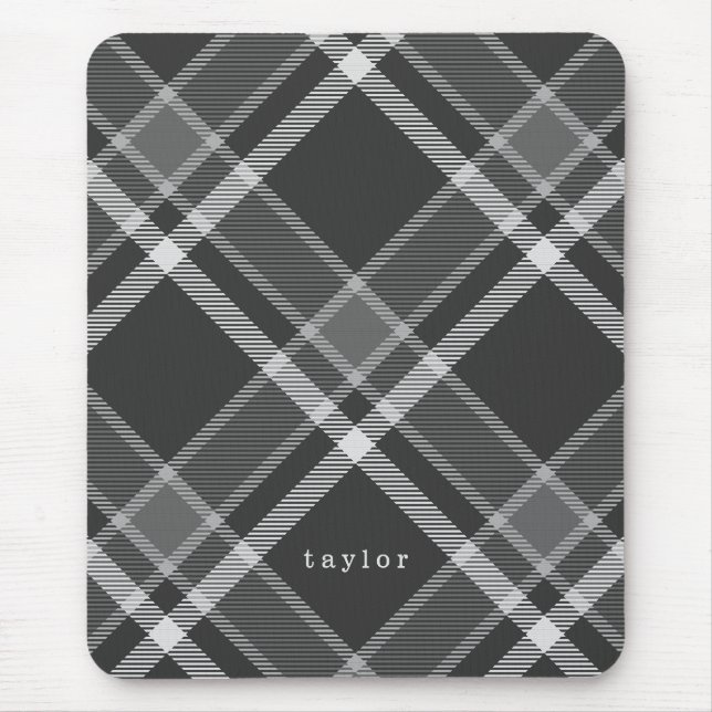 Rustic Black and Grey Tartan Plaid with Name Mouse Pad (Front)