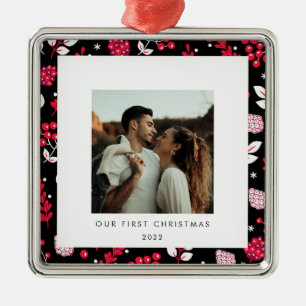 Rustic black and red Christmas pattern photo Metal Ornament