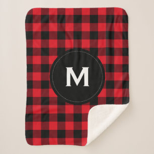 Rustic Black and Red Plaid Pattern Monogram Sherpa Blanket