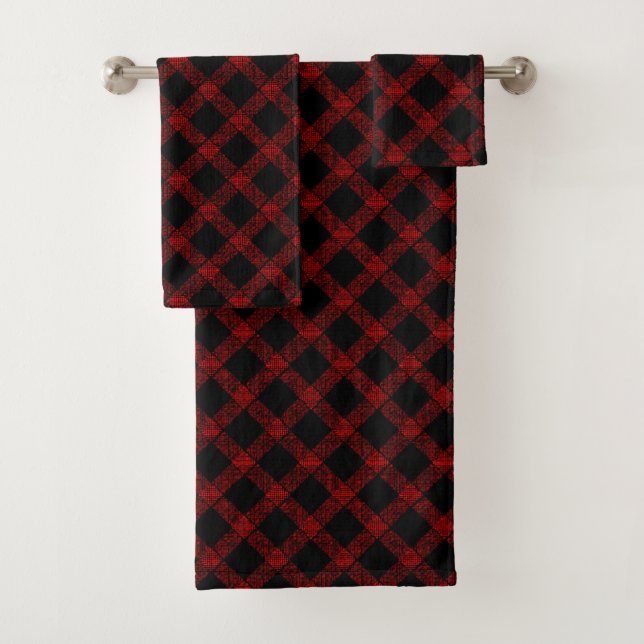 Rustic black and vivid red plaid with thick lines  bath towel set (Insitu)