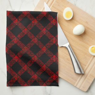 Rustic black and vivid red plaid with thick lines tea towel