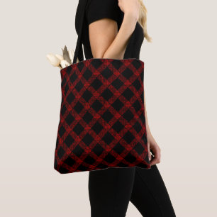 Rustic black and vivid red plaid with thick lines  tote bag