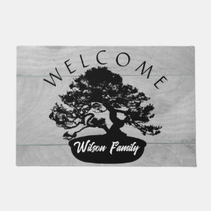 Rustic Black and White Bonsai Family Name Door Mat