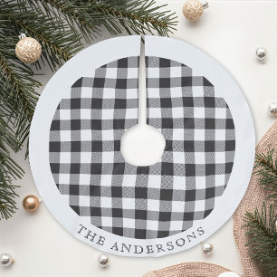 Rustic Black and White Buffalo Check Family Name Brushed Polyester Tree Skirt