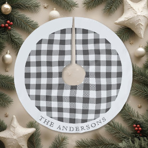 Rustic Black and White Buffalo Check Family Name Brushed Polyester Tree Skirt
