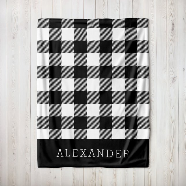 Rustic Black and White Buffalo Check Monogram Fleece Blanket (Creator Uploaded)