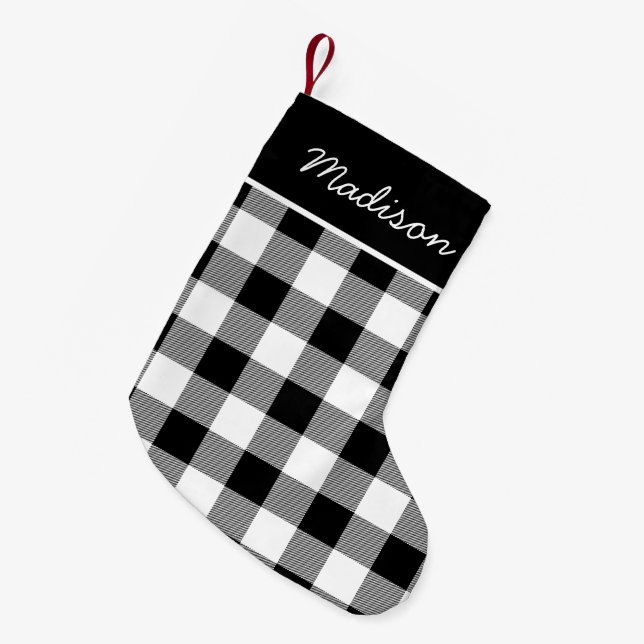 Rustic Black and White Buffalo Check Monogram Small Christmas Stocking (Front (Hanging))