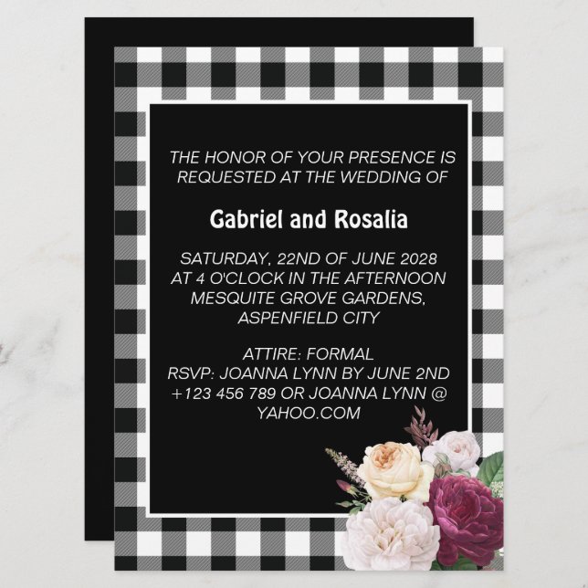 Rustic Black and White Buffalo Check Wedding  Invitation (Front/Back)