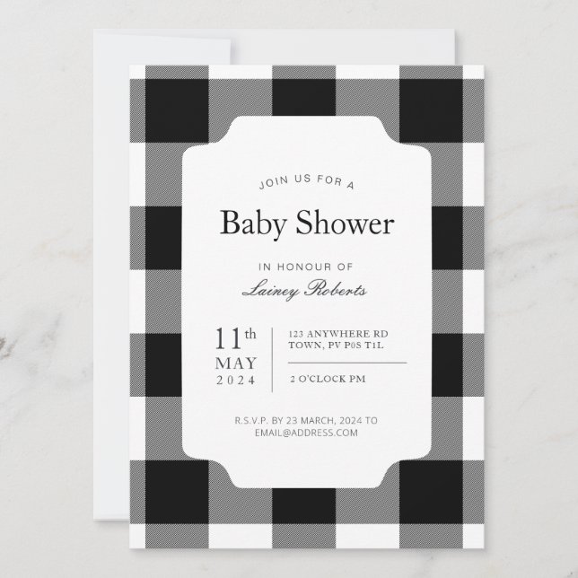 Rustic Black and White Buffalo Plaid Baby Shower Invitation (Front)