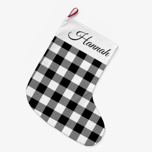 Rustic Black And White Buffalo Plaid  Large Christmas Stocking