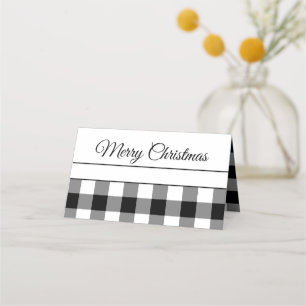 Rustic Black And White Checked Merry Christmas  Place Card