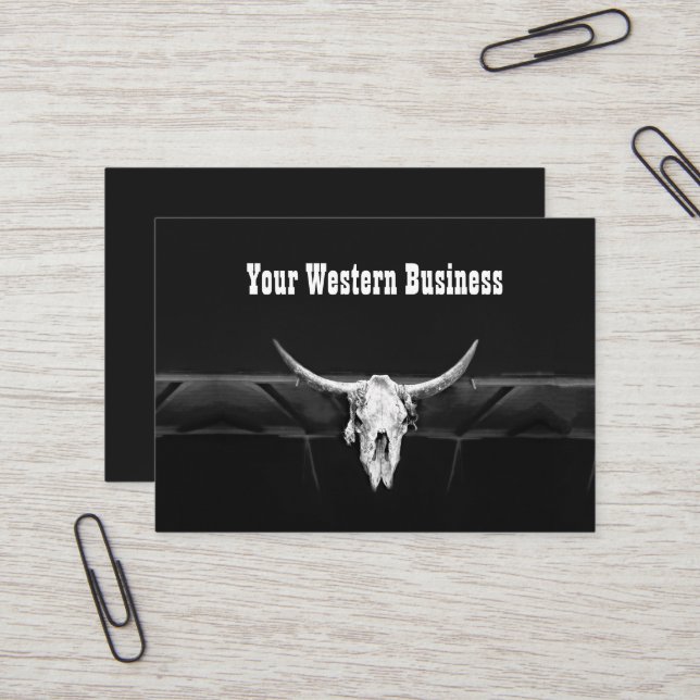 Rustic Black And White Country Western Bull Skull Business Card (Front/Back In Situ)
