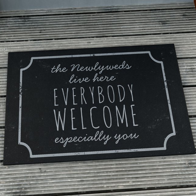 Rustic Black and White Everybody Welcome Doormat (Everybody is welcome at your door with this chalkboard vibe doormat. Just add your name)