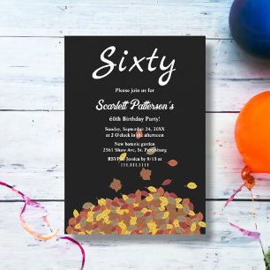 Rustic Black And White Fall Leaves 60th Birthday Invitation