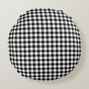Rustic Black And White Gingham Checked Pattern Round Cushion