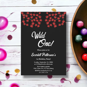 Rustic Black And White Leaves Fall 1st Birthday Invitation