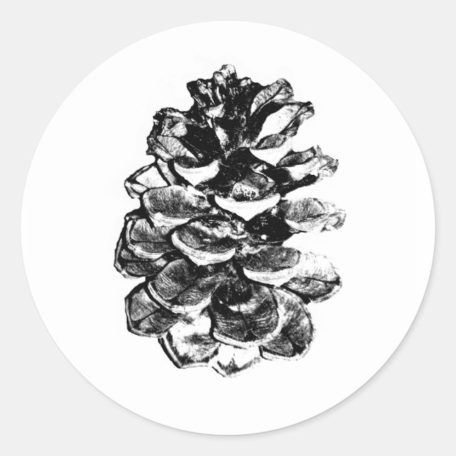 Rustic Black and White Pinecone Classic Round Sticker (Front)