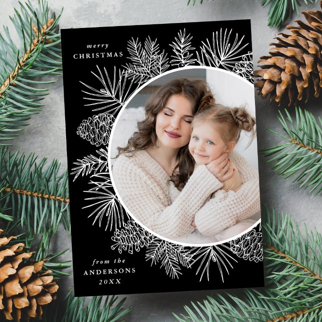 Rustic Black and White Pinecones Photo Holiday Card (Creator Uploaded)