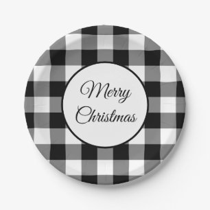 Rustic Black And White Plaid Christmas Paper Plate