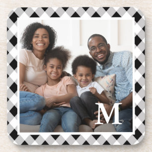 Rustic Black and White Plaid Monogram Photo Coaster