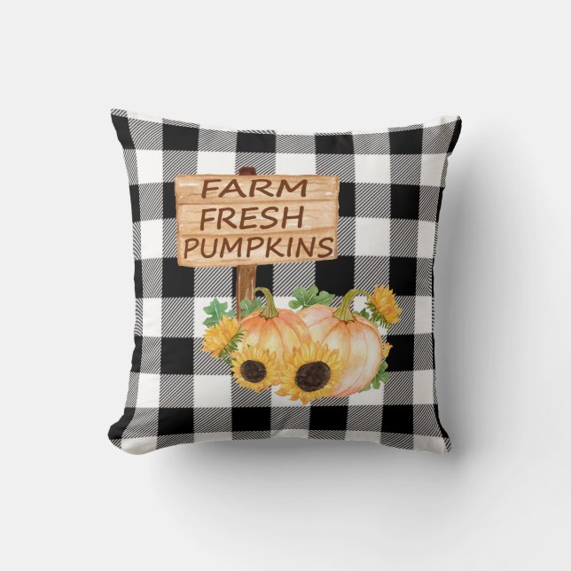 Rustic Black and White Plaid with Fall Pumpkins Cushion (Front)