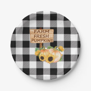 Rustic Black and White Plaid with Fall Pumpkins Paper Plate