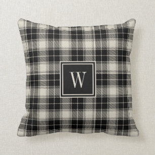 Rustic Black and White Plaid with Monogram Cushion