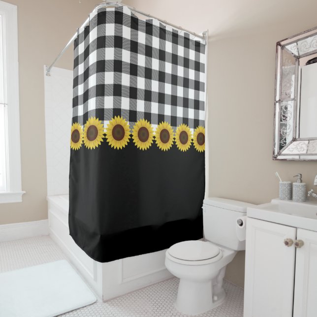 Rustic Black and White Plaids Sunflower Pattern Sh Shower Curtain (In Situ)